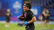 Feb 28, 2025; Indianapolis, IN, USA; UCLA tight end Moliki Matavao (TE16) participates in drills during the 2025 NFL Combine at Lucas Oil Stadium. Mandatory Credit: Kirby Lee-Imagn Images