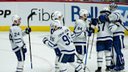 May 1, 2025; Ottawa, Ontario, CAN;The  Toronto Maple Leafs celebrate their win against Ottawa Senators in game six of the first round of the 2025 Stanley Cup Playoffs at Canadian Tire Centre. Mandatory Credit: Marc DesRosiers-Imagn Images