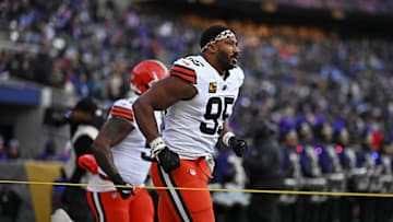 Jan 4, 2025; Baltimore, Maryland, USA; Cleveland Browns defensive end Myles Garrett (95) warms up before the game against the Baltimore Ravens at M&T Bank Stadium. Mandatory Credit: Tommy Gilligan-Imagn Images