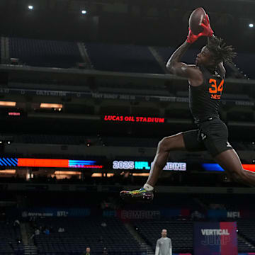 Nebraska wideout Isaiah Neyor (WO34) during the 2025 NFL Combine at Lucas Oil Stadium. 