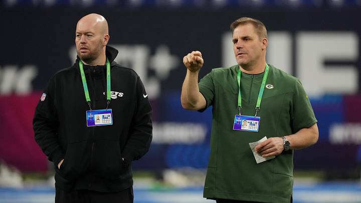 Feb 29, 2024; Indianapolis, IN, USA; New York Jets assistant coach Aaron Whitecotton and Green Bay Packers scout Matt Malaspina look on during the 2024 NFL Combine at Lucas Oil Stadium. Mandatory Credit: Kirby Lee-Imagn Images