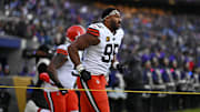 Jan 4, 2025; Baltimore, Maryland, USA; Cleveland Browns defensive end Myles Garrett (95) warms up before the game against the Baltimore Ravens at M&T Bank Stadium. Mandatory Credit: Tommy Gilligan-Imagn Images
