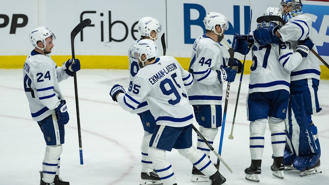 May 1, 2025; Ottawa, Ontario, CAN;The  Toronto Maple Leafs celebrate their win against Ottawa Senators in game six of the first round of the 2025 Stanley Cup Playoffs at Canadian Tire Centre. Mandatory Credit: Marc DesRosiers-Imagn Images