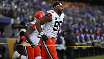 Jan 4, 2025; Baltimore, Maryland, USA; Cleveland Browns defensive end Myles Garrett (95) warms up before the game against the Baltimore Ravens at M&T Bank Stadium. Mandatory Credit: Tommy Gilligan-Imagn Images