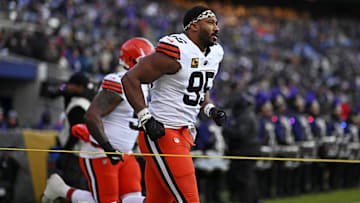 Jan 4, 2025; Baltimore, Maryland, USA; Cleveland Browns defensive end Myles Garrett (95) warms up before the game against the Baltimore Ravens at M&T Bank Stadium. Mandatory Credit: Tommy Gilligan-Imagn Images