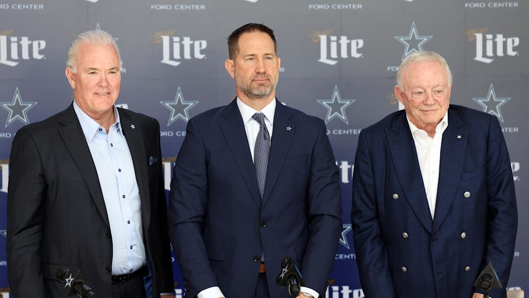 Jan 27, 2025; Frisco, TX, USA;   (L to R) Dallas Cowboys CEO Stephen Jones, head coach Brian Schottenheimer and owner Jerry Jones pose for pictures after a press conference at the Star.  Mandatory Credit: Tim Heitman-Imagn Images