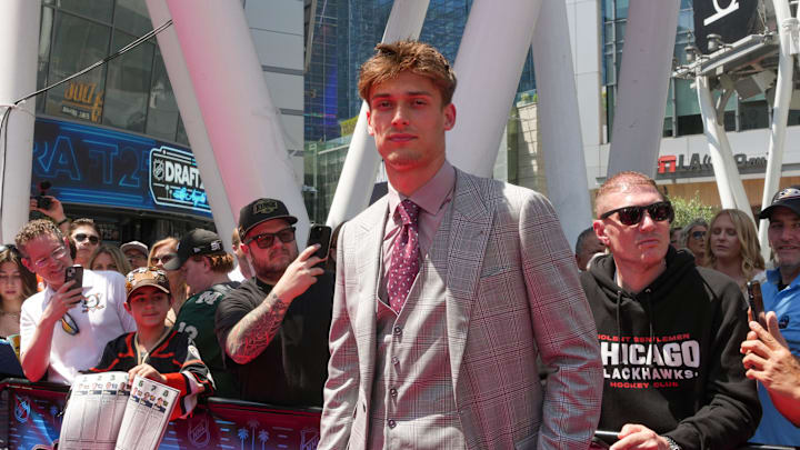 Jun 27, 2025; Los Angeles, California, USA; Radim Mrtka arrives to the first round of the 2025 NHL Draft at Peacock Theater. Mandatory Credit: Kirby Lee-Imagn Images