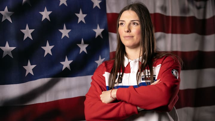 Oct 29, 2025; New York, NY, UNITED STATES; Hilary Knight poses for a photo during the U.S. Olympic Team Media Summit in preparation for the 2026 Milan Olympic Winter Games at Javits Center. Mandatory Credit: Robert Deutsch-Imagn Images

