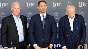 Dallas Cowboys CEO Stephen Jones, head coach Brian Schottenheimer and owner Jerry Jones.