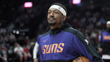 Feb 1, 2025; Portland, Oregon, USA; Phoenix Suns shooting guard Bradley Beal (3) looks on before the game against the Portland Trail Blazers at Moda Center. Mandatory Credit: Soobum Im-Imagn Images