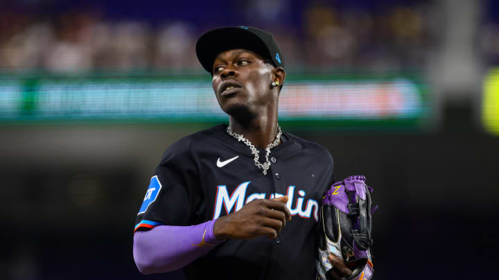Jul 5, 2024; Miami, Florida, USA; Miami Marlins center fielder Jazz Chisholm Jr. (2) looks on against the Chicago White Sox during the first inning at loanDepot Park. Mandatory Credit: Sam Navarro-USA TODAY Sports