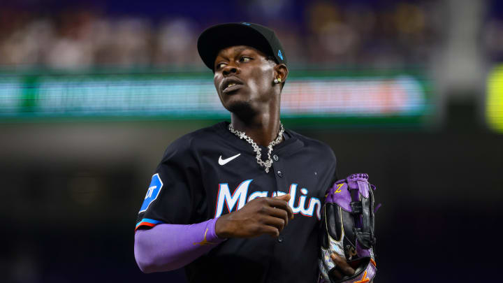 Jul 5, 2024; Miami, Florida, USA; Miami Marlins center fielder Jazz Chisholm Jr. (2) looks on against the Chicago White Sox during the first inning at loanDepot Park. 