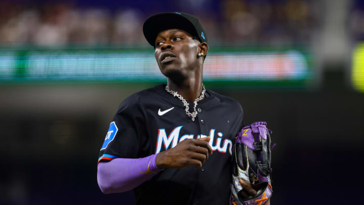 Miami Marlins center fielder Jazz Chisholm Jr. (2) looks on against the Chicago White Sox during the first inning at loanDepot Park.