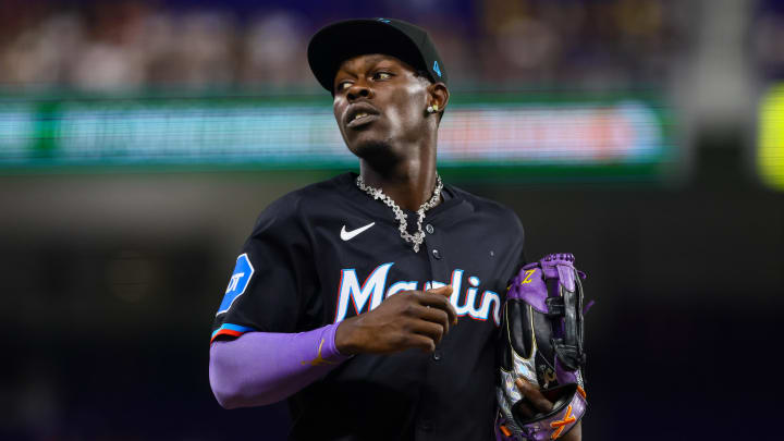 Jul 5, 2024; Miami, Florida, USA; Miami Marlins center fielder Jazz Chisholm Jr. (2) looks on against the Chicago White Sox during the first inning at loanDepot Park