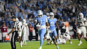 Nov 8, 2025; Chapel Hill, North Carolina, USA; North Carolina Tar Heels wide receiver Jordan Shipp (1) scores a touchdown in the fourth quarter at Kenan Stadium. 