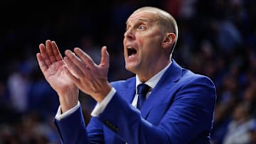 Dec 2, 2025; Lexington, Kentucky, USA; Kentucky Wildcats head coach Mark Pope reacts after a play during the first half against the North Carolina Tar Heels at Rupp Arena at Central Bank Center. Mandatory Credit: Jordan Prather-Imagn Images