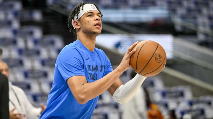 May 13, 2024; Dallas, Texas, USA; Oklahoma City Thunder forward Ousmane Dieng (13) warms up before the game between the Dallas Mavericks and the Oklahoma City Thunder in game four of the second round for the 2024 NBA playoffs at American Airlines Center. Mandatory Credit: Jerome Miron-USA TODAY Sports