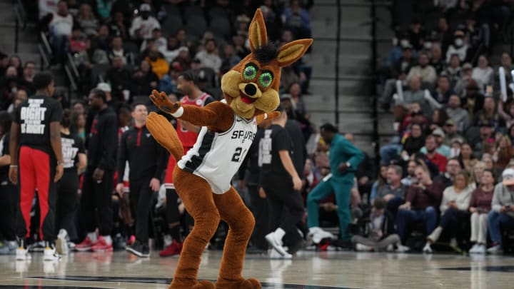 Jan 13, 2024; San Antonio, Texas, USA; The San Antonio Spurs Coyote performs in the second half against the Chicago Bulls at Frost Bank Center.