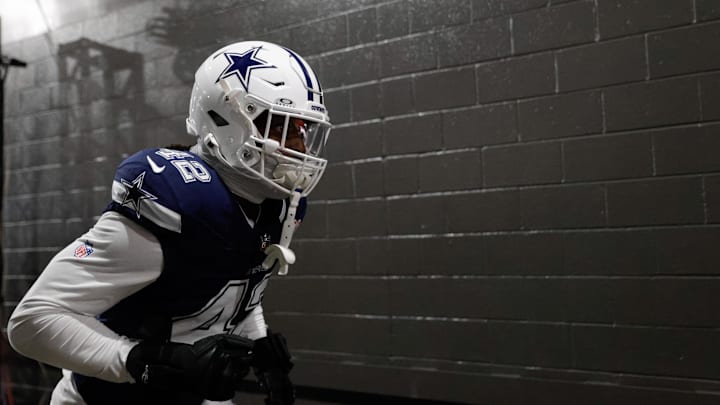 Dec 25, 2025; Landover, Maryland, USA; Dallas Cowboys defensive end Jadeveon Clowney (42) runs onto the field prior to the game against the Washington Commanders at Northwest Stadium. Mandatory Credit: Amber Searls-Imagn Images