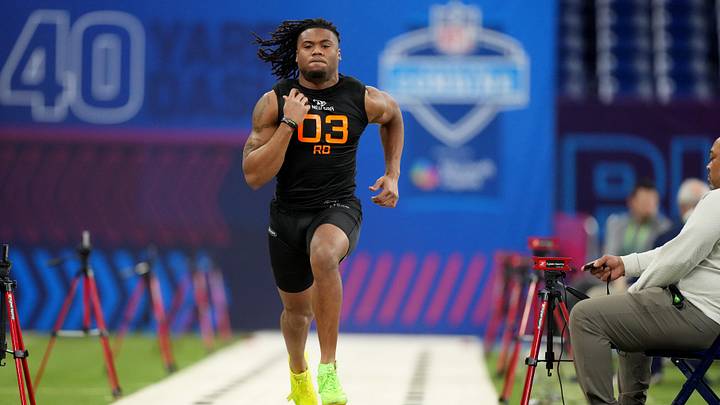 Mar 1, 2025; Indianapolis, IN, USA; Texas running back Jaydon Blue (RB03) during the 2025 NFL Combine at Lucas Oil Stadium. Mandatory Credit: Kirby Lee-Imagn Images