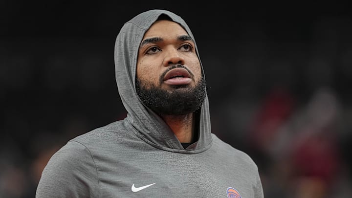 Apr 25, 2026; Atlanta, Georgia, USA; New York Knicks center Karl-Anthony Towns (32) on the court prior to the game against the Atlanta Hawks for game four of the first round of the 2026 NBA Playoffs at State Farm Arena. Mandatory Credit: Dale Zanine-Imagn Images