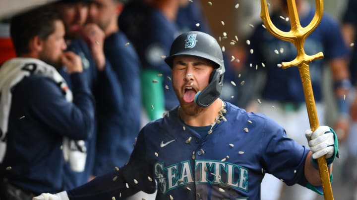 Seattle Mariners first baseman Tyler Locklear (27) celebrates after hitting a home run against the Chicago White Sox during the fifth inning at T-Mobile Park on June 13.