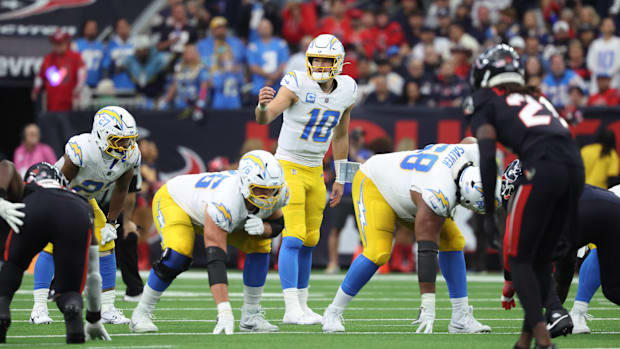 Jan 11, 2025; Houston, Texas, USA; Los Angeles Chargers quarterback Justin Herbert (10) during the second quarter against the