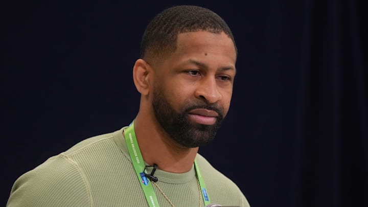 Feb 25, 2025; Indianapolis, IN, USA; Cleveland Browns general manager Andrew Berry speaks during the NFL Scouting Combine at the Indiana Convention Center. Mandatory Credit: Kirby Lee-Imagn Images