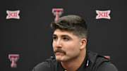 Jul 9, 2024; Las Vegas, NV, USA; Texas Tech linebacker Jacob Rodriguez speaks to the media during the Big 12 Media Days at Allegiant Stadium. Mandatory Credit: Candice Ward-Imagn Images