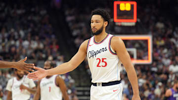 Apr 11, 2025; Sacramento, California, USA; Los Angeles Clippers guard Ben Simmons (25) at the end of the first quarter against the Sacramento Kings at Golden 1 Center. Mandatory Credit: Darren Yamashita-Imagn Images