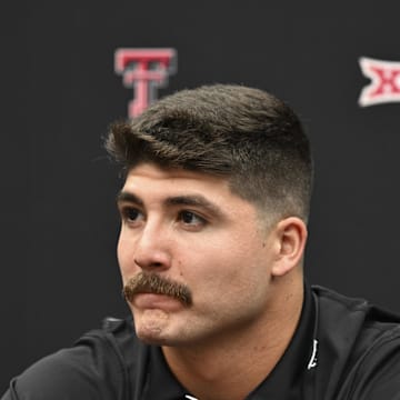 Jul 9, 2024; Las Vegas, NV, USA; Texas Tech linebacker Jacob Rodriguez speaks to the media during the Big 12 Media Days at Allegiant Stadium. Mandatory Credit: Candice Ward-Imagn Images