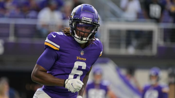 Aug 20, 2022; Minneapolis, Minnesota, USA; Minnesota Vikings safety Lewis Cine (6) warms up before the game against the San Francisco 49ers at U.S. Bank Stadium. Mandatory Credit: Jeffrey Becker-USA TODAY Sports