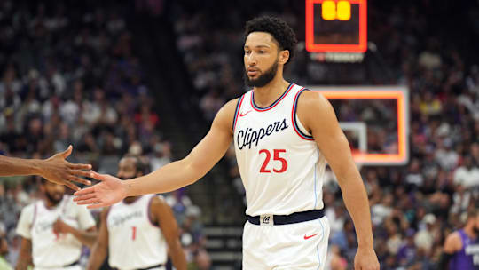 Apr 11, 2025; Sacramento, California, USA; Los Angeles Clippers guard Ben Simmons (25) at the end of the first quarter against the Sacramento Kings at Golden 1 Center. Mandatory Credit: Darren Yamashita-Imagn Images