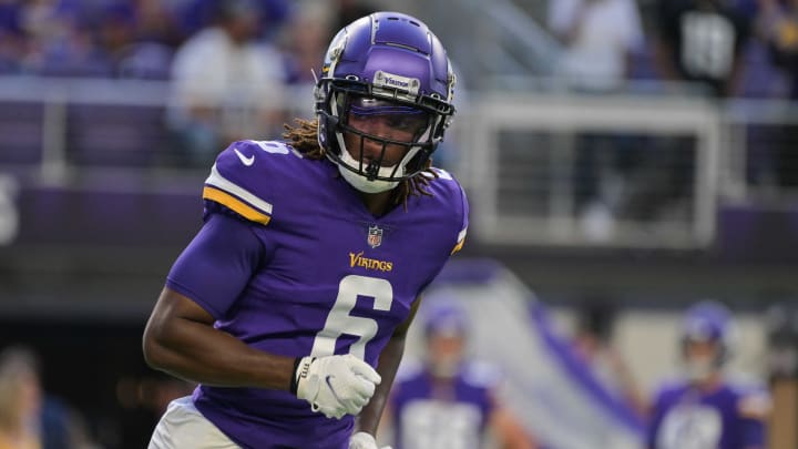 Aug 20, 2022; Minneapolis, Minnesota, USA; Minnesota Vikings safety Lewis Cine (6) warms up before the game against the San Francisco 49ers at U.S. Bank Stadium.