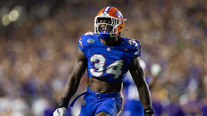Nov 16, 2024; Gainesville, Florida, USA; Florida Gators defensive end George Gumbs Jr. (34) reacts after a sack on the quarterback against the LSU Tigers during the second half at Ben Hill Griffin Stadium. Mandatory Credit: Matt Pendleton-Imagn Images