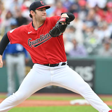 Jul 8, 2023; Cleveland, Ohio, USA; Cleveland Guardians starting pitcher Gavin Williams (63) throws a pitch during the first inning against the Kansas City Royals at Progressive Field. Mandatory Credit: Ken Blaze-USA TODAY Sports