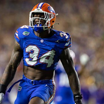 Nov 16, 2024; Gainesville, Florida, USA; Florida Gators defensive end George Gumbs Jr. (34) reacts after a sack on the quarterback against the LSU Tigers during the second half at Ben Hill Griffin Stadium. Mandatory Credit: Matt Pendleton-Imagn Images