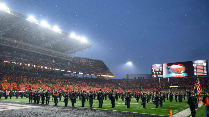 Nov 18, 2023; Corvallis, Oregon, USA; Oregon State Beavers marching band performs the National Anthem in pregame at Reser Stadium. Mandatory Credit: Craig Strobeck-USA TODAY Sports