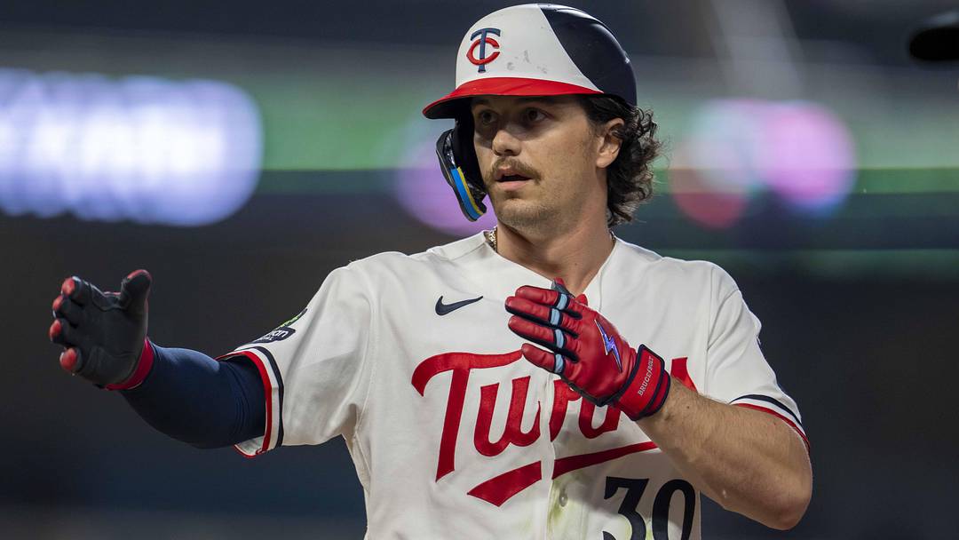 May 18, 2026; Minneapolis, Minnesota, USA; Minnesota Twins center fielder James Outman (30) celebrates hitting a single against the Houston Astros in the fifth inning at Target Field. Mandatory Credit: Jesse Johnson-Imagn Images