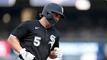 Chicago White Sox outfielder Dominic Fletcher hits a home run against the Washington Nationals.