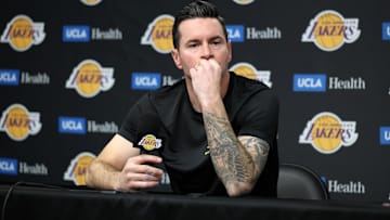  Los Angeles Lakers head coach JJ Redick talks to the media before the game against the San Antonio Spurs at Crypto.com Arena.