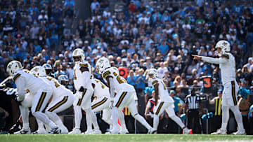 The New Orleans Saints offense before a play against the Carolina Panthers on Nov. 9, 2025.