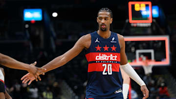 Mar 24, 2025; Washington, District of Columbia, USA; Washington Wizards forward Alex Sarr (20) reacts during the fourth quarter against the Toronto Raptors at Capital One Arena. Mandatory Credit: Reggie Hildred-Imagn Images