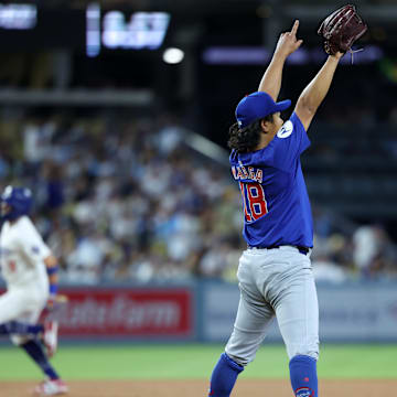 Sep 10, 2024; Los Angeles, California, USA;  Chicago Cubs starting pitcher Shota Imanaga (18) reacts on a third out of the seventh inning against the Los Angeles Dodgers at Dodger Stadium. 