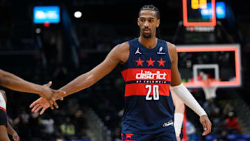 Mar 24, 2025; Washington, District of Columbia, USA; Washington Wizards forward Alex Sarr (20) reacts during the fourth quarter against the Toronto Raptors at Capital One Arena. Mandatory Credit: Reggie Hildred-Imagn Images