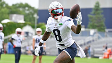Jun 9, 2025; Foxborough, MA, USA; New England Patriots wide receiver Stefon Diggs (8) tries to catch the ball during minicamp at Gillette Stadium. Mandatory Credit: Eric Canha-Imagn Images