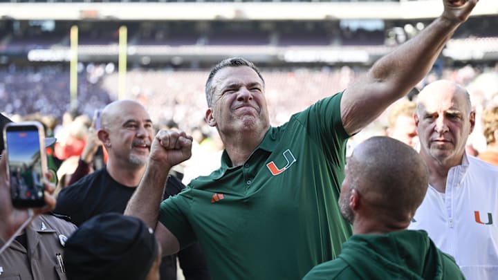 Dec 20, 2025; College Station, TX, USA; Miami Hurricanes head coach Mario Cristobal celebrates after defeating the Texas A&M Aggies in the first round game of the CFP National Playoff at Kyle Field. Mandatory Credit: Jerome Miron-Imagn Images