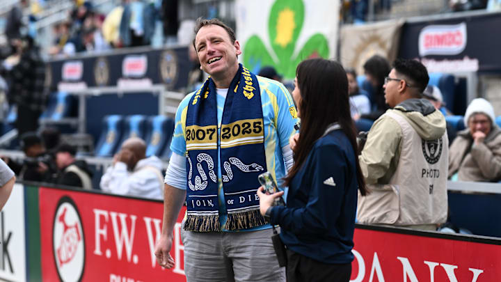 Competitive eater and Nathan's Hot Dog Eating champion Joey Chestnut before an MLS game with the Philadelphia Union Competitive eater and Nathan's Hot Dog Eating champion Joey Chestnut before an MLS game with the Philadelphia Union