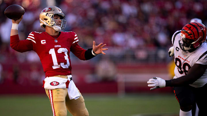 San Francisco 49ers quarterback Brock Purdy (13) throws as Cincinnati Bengals defensive tackle DJ Reader (98) pressures him in the fourth quarter of the NFL game between the Cincinnati Bengals and the San Francisco 49ers at Levi Stadium in Santa Clara, Calif., on Sunday, Oct 29, 2023.