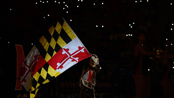 Jan 10, 2025; College Park, Maryland, USA; Maryland Terrapins mascot waves a flag before the game between the Maryland Terrapins and the UCLA Bruins at Xfinity Center. Mandatory Credit: Reggie Hildred-Imagn Images Jan 10, 2025; College Park, Maryland, USA; Maryland Terrapins mascot waves a flag before the game between the Maryland Terrapins and the UCLA Bruins at Xfinity Center. Mandatory Credit: Reggie Hildred-Imagn Images